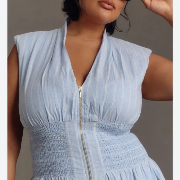 Anthropologie The Tommie Cap-Sleeve Smocked Front-Zip Shirt Dress Size 2X - Picture 2 of 9